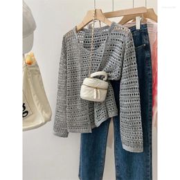 Pulls pour femmes 2024 gris tricots évider asymétrique tendance lâche lacets col en v tricoté haut de couverture à manches longues vêtements