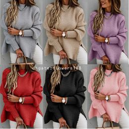 Suéteres de mujer 2024 medio cuello alto suelto sólido manga larga gruesa aguja lateral tenedor suéter de punto mujeres