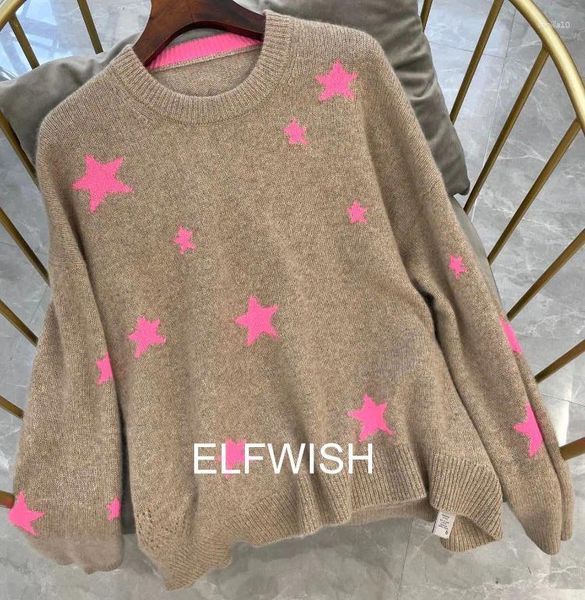 Sweaters de mujeres 2024 Limited !!!Suéter de cachemir O- Neck Magenta Stars bordados de hombro ancho Juentes de manga larga Venta de calidad superior