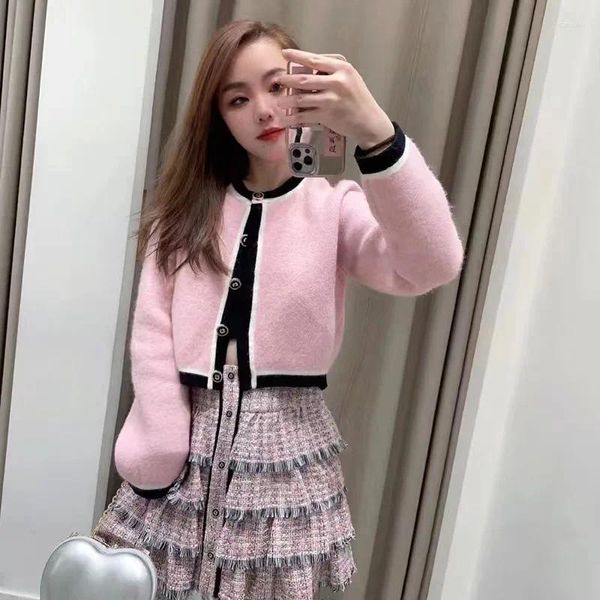 Suéteres de mujer 2024 Primavera Mujeres Suéter rosa Dulce Contraste Color O-cuello Solo pecho Punto Top Mujer Manga larga Cardigan