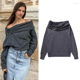 Chandails pour femmes 2024 TRAF Femmes Pull Drapé Élégant Col Droit Hors Épaule Tops En Tricot Femelle Gris À Manches Longues Pull Tricoté Doux