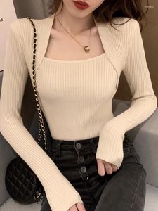 Suéteres de mujer 2024 suéter de mujer jersey de manga larga top cuello cuadrado casual moda jumper sexy tops de punto