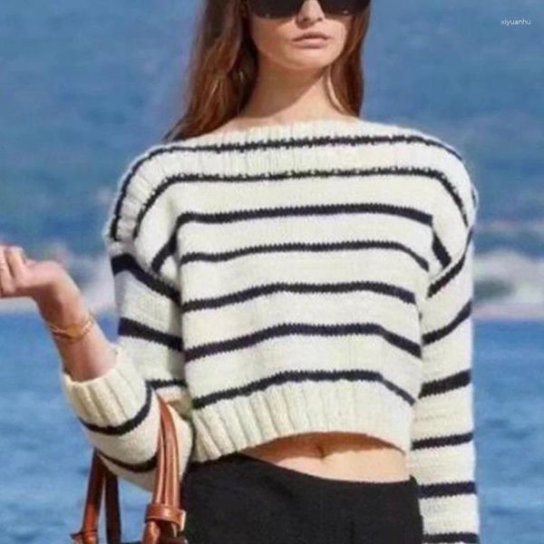 Pulls pour femmes 23 Automne Mode Noir Blanc Pull rayé Élégant O Cou Contraste Couleur Casual Lâche Tricot Pull Femme Doux Recadrée