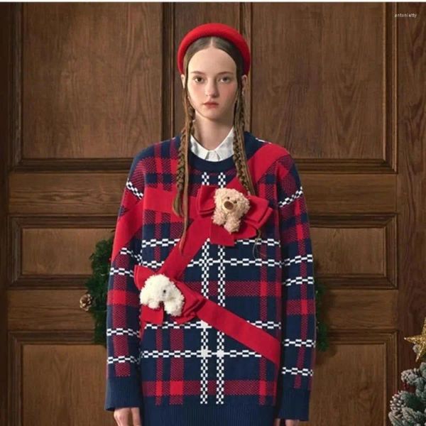 Panks pour femmes 23 Plaid de Noël d'hiver automne 3D Pull vintage Vintage Loose O Col Long Sleeve Cute Bear Knitwear Pilluers X603