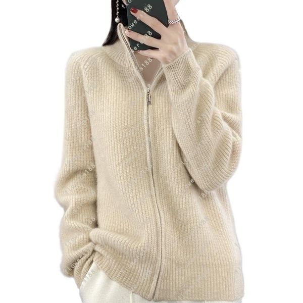 2024 Cardigan Y2K pour femme en laine unie rembourrée, fermeture éclair sur le devant, bas en tricot ample, mélange de coton confortable, coupe ajustée, S-XXL, crème vert beige gris blanc noir