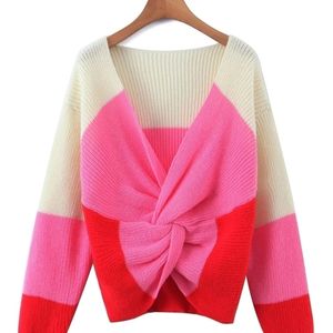 Dames truien 3 kleuren patchwork breien v-neck twist knoop ontwerp casual losse lange mouw trui lujia alan sw1855 221007