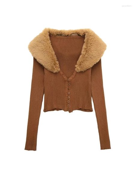 Suéteres de mujer 3 colores mujeres Faux Fur chal cuello tejido suéter corto otoño manga larga Slim Fit Crop Top LUJIA ALAN SW2006