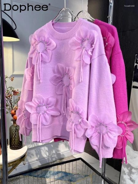 Suéteres de mujer 3D flor industria pesada cuentas suéter rosa 2024 Otoño e Invierno Color caramelo cuello redondo jersey de manga larga