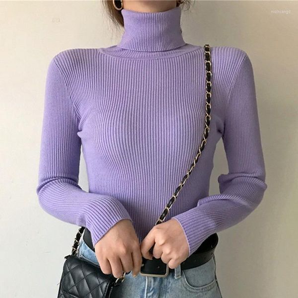 Suéteres para mujer ABRINI Mujeres Suéter de cachemira Púrpura Cuellos de tortuga Invierno Casual Punto Jerseys Soft Sliming Jumpers para 2022