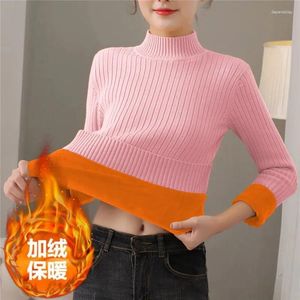 Suéteres para mujer Añadir Terciopelo Mujer Punto Cuello alto Jumper Moda Damas Termal Rayado Manga larga Otoño Invierno Cálido Fondo Shir