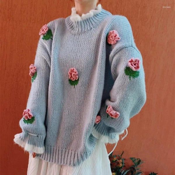 Pulls pour femmes AIGYPTOS Automne Hiver Tricoté Laine Pulls Pull Femmes Vintage Élégant Broderie À La Main Crochet Fleurs Surdimensionné