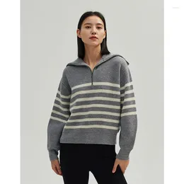 Pulls pour femmes Aliaga Automne Hiver Irlande Laine Mérinos Chunky Côtelé Tricoté Demi-Zip Pull Rayé Pull