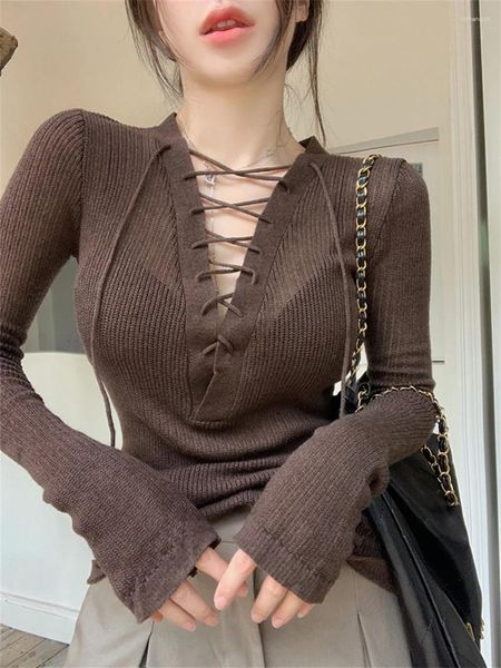Pulls pour femmes Alien Kitty High Street Tees Femmes Lace Up Girls Daily Full Sleeve Party Fashion 2023 OL T-shirts Automne Tricoté Sexy