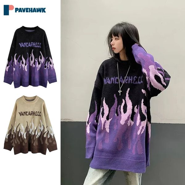 Damenpullover, amerikanischer Hip-Hop-Strickpullover, Mann und Frau, High Street, lässig, Rundhalsausschnitt, Flammenmuster, Paar, übergroße Winterpullover 231110