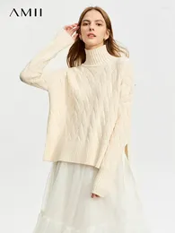 Suéteres de mujer AMII minimalista 2023 Otoño Invierno mujeres suave cuello alto suelto nicho con cordones manga larga jerseys sólidos 12344244