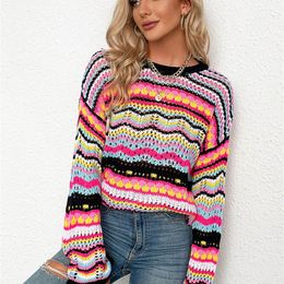 Pulls pour femmes Aproms Multi Couleur Bloqué Pull Tricoté Femmes D'été Casual Flare Manches Évider Pull Cool Filles Mode Jumper 220916