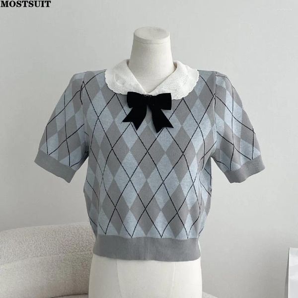 Suéteres para mujer Argyle Punto Bowtie Suéter Mujeres 2023 Verano Puff Manga Prendas de punto Crop Tops Streetwear Vintage Elegante Ladies Jersey