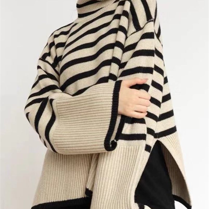 Les pulls pour femmes en mode Sweter Berkerah Tinggi Bergaris Wanita Atasan Jumper Longgar Desain Musim Gugur Musim Dingin Baru Mujer 221006