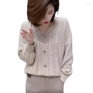 Dames truien herfst 2023 diamant twist pullover v-neck button dames gebreide jacquard explosie losse trui mode dames jas