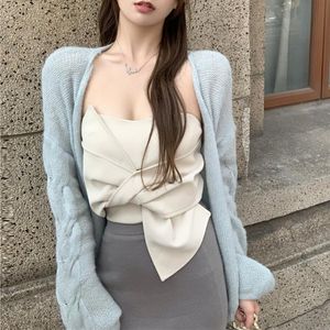 Pulls pour femmes Automne 2023 High Street Loose Casual Blue Cardigan Femmes Sexy Off-shoulder Bow Plissé All-match Camisole Two-piece SuitWom