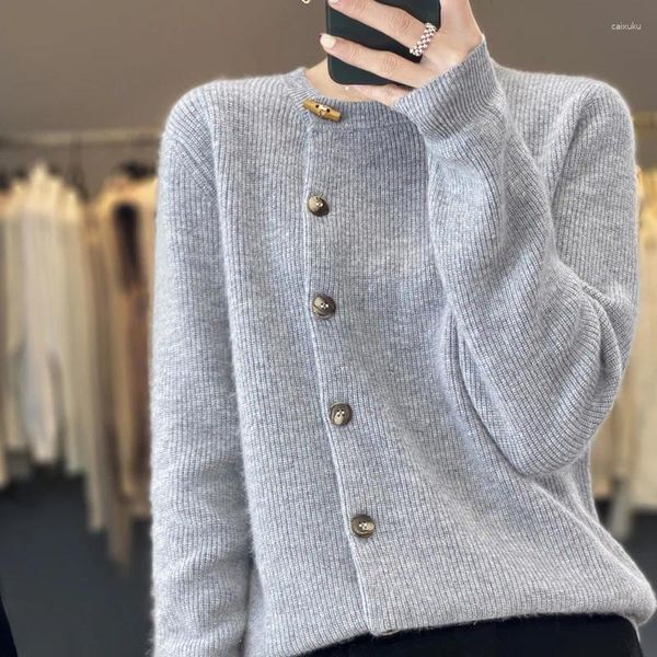 Suéteres de mujer otoño 2023 suéter mujer cuello redondo botón diagonal cárdigan casual chaqueta de punto suelta ropa de manga larga