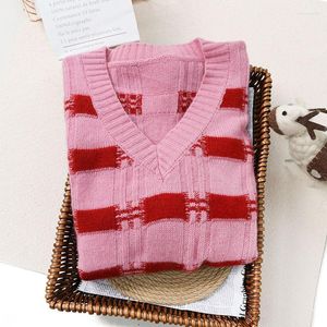 Pulls pour femmes automne et hiver 2023 paresseux lâche tout match rose col en v pull en tricot rayé rouge