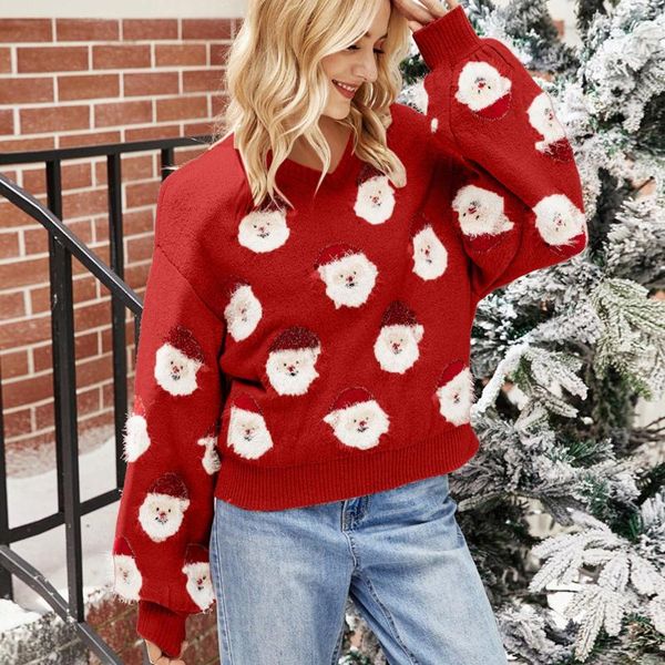 Suéteres de mujer Otoño e Invierno Navidad lindo dibujo animado Santa patrón cuello en V suéter moda linterna manga punto corto