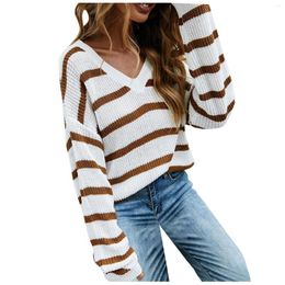 Chandails pour femmes automne et hiver mode Collision rayures col en V à manches longues pull tricoté pull Swat chemises