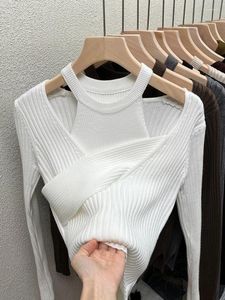 Damestruien Herfst- en wintermode Hol Sexy Off-shoulder Pullover Korte Top Design Stretch Trui Gebreid Dieptepunt Shirt