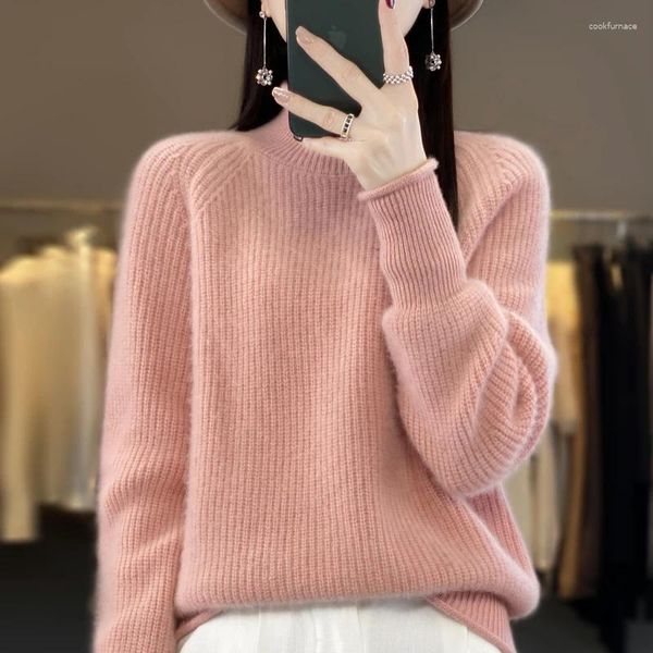 Chandails pour femmes automne et hiver col mi-haut épais Pure laine ample couleur unie tricoté cachemire chemise à bascule pull