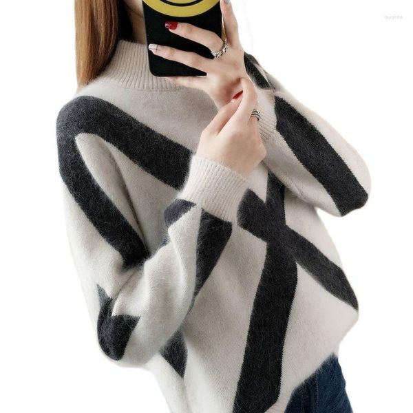 Pulls pour femmes automne et hiver Version coréenne de chemisier tricoté Jacquard à rayures Antiques manches amples épaississement du fond