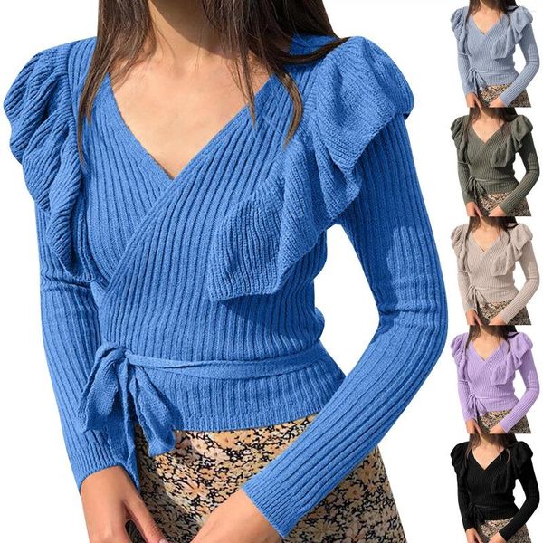 Suéteres de mujer Otoño e Invierno señoras con cordones ajustado Color puro tejido de manga larga Top Sexy cuello en V suéter separado