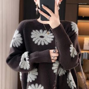 Pulls pour femmes automne et hiver col rond broderie lourde pull en laine pure contraste haut jacquard veste à tricoter polyvalente