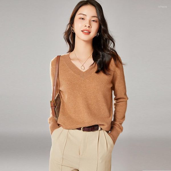 Suéteres de mujer, suéter de lana de Color sólido de otoño e invierno, Tops sueltos adelgazantes con cuello en V, Base de punto de Cachemira interior Simple