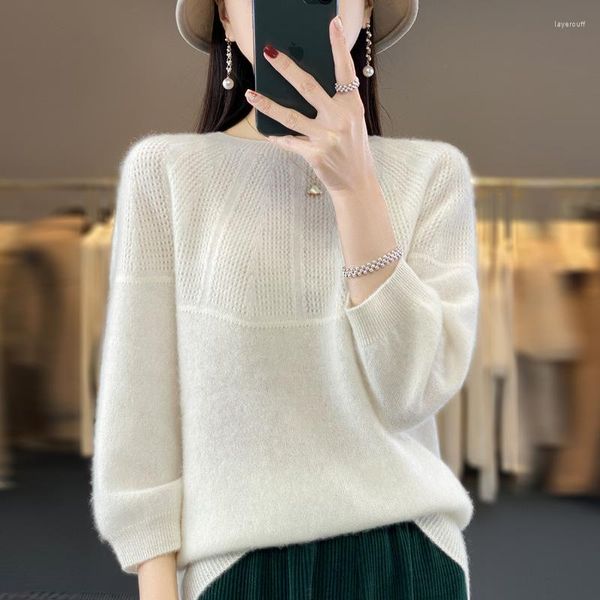Suéteres de mujer, suéter de lana tipo otoño e invierno, Edición coreana, Top de lana pura con base de punto calada