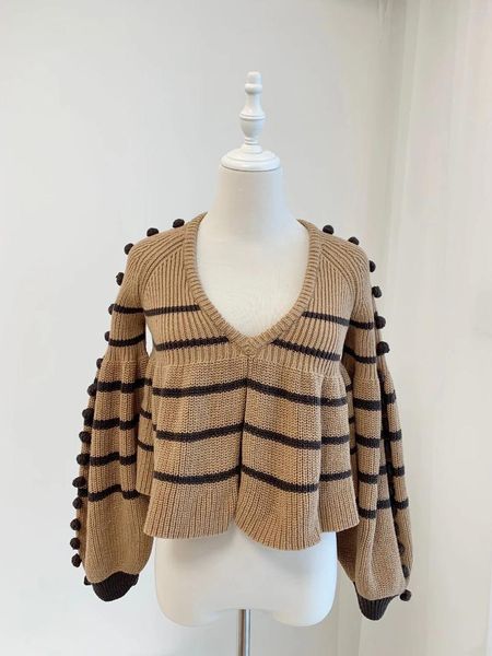 Pulls pour femmes automne et hiver Vintage rayé col en v polyvalent décontracté tricoté pull en cachemire