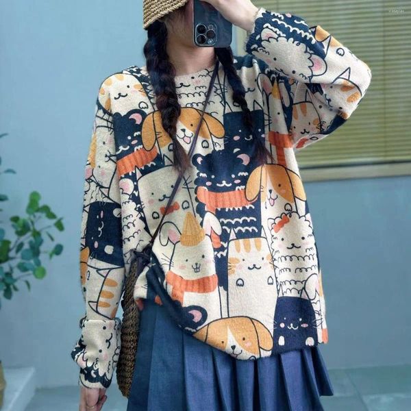 Suéteres de mujer Otoño Arte Vintage Imitación Visón Lana Suéter Mujer Suelto Impreso Dibujos Animados O-Cuello Manga Completa Casual Jerseys de Punto