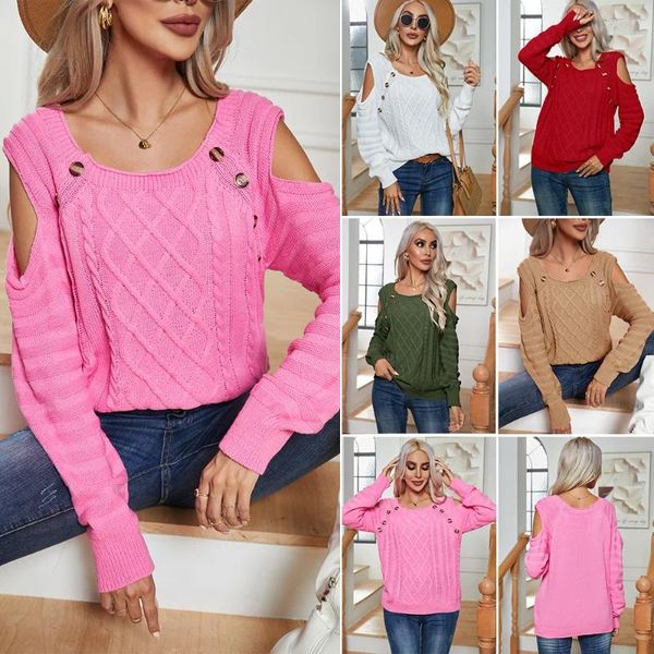 Pulls pour femmes Automne Découpé Femmes Cold Épaule Tricoté Pull Lâche Fit Manches Longues Bouton Casual Printemps O Cou Solide