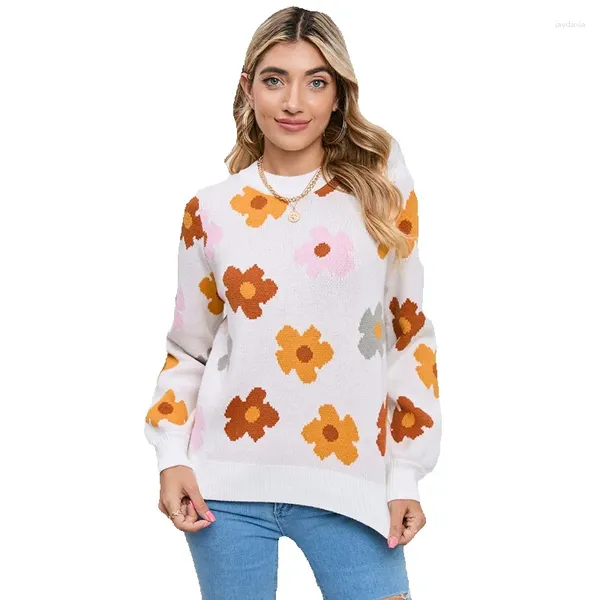 Suéteres de mujer, suéter de hilo de punto de otoño para mujer, Top de manga larga cálido con estampado de flores de Estilo Dulce