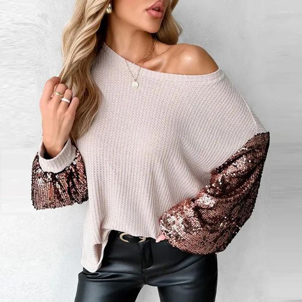 Chandails pour femmes automne O Neck High Street Loose sweat-shirt élégant paillettes décontractées plaquettes plaquettes Pullover Lady à manches longues tricotées