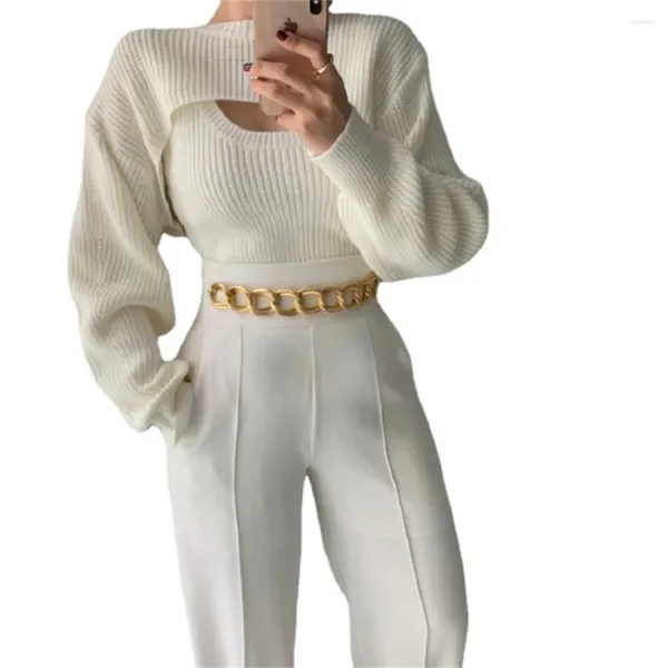 Suéteres de mujer traje de otoño ropa de punto encogimiento de hombros suéter de manga larga cárdigan 2023 moda mujer blanco 2 piezas señora