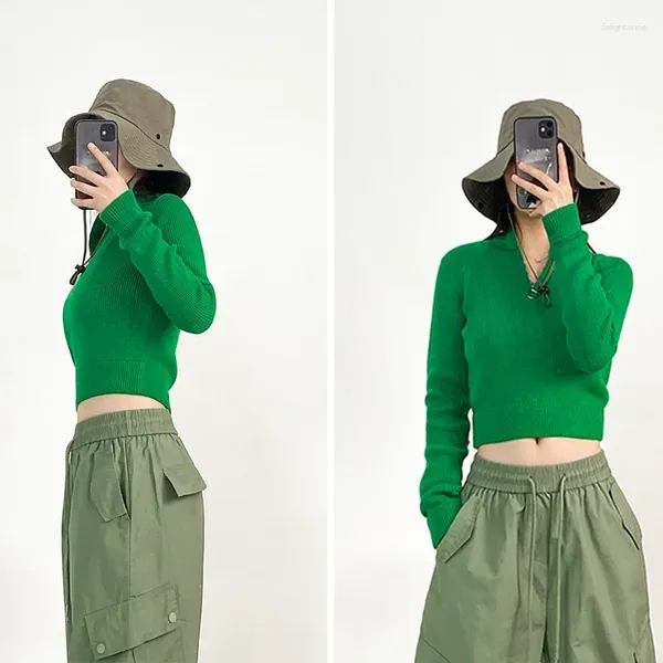 Pulls pour femmes Automne Col Roulé Pull Court Pull Col Polo Fermeture À Glissière Solide Slim Fit Laine Femmes Vert Vêtements Style Urbain Hauts De Luxe