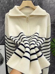 Damestruien Herfst Winter Kasjmier trui Rits Polo Pullover Mode Gebreide Streep Top Zuivere Wol Groot Shirt Koreaans