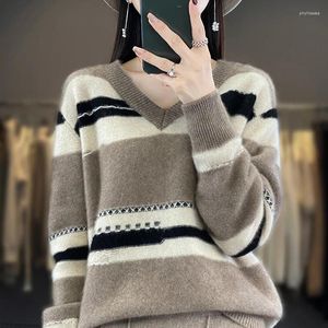 Chandails pour femmes automne/hiver pull en cachemire col en v pull décontracté mode coréenne haut contrasté laine mérinos vêtements tricotés