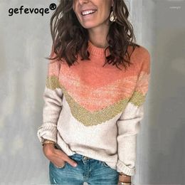 Suéteres de mujer Otoño Invierno Casual moda Patchwork Jumpers Top mujeres cuello redondo todo fósforo tejido jerseys señoras suéter femenino