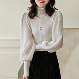 Suéteres de mujer Otoño Invierno elegante gasa Patchwork suéter de cuello alto mujeres 2023 coreano de punto Tops manga larga pulóveres Mujer