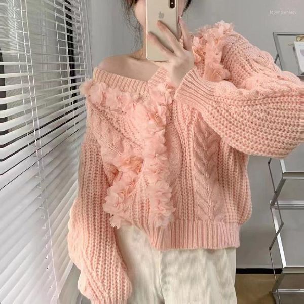 Pulls pour femmes Automne Hiver Japonais Doux Volant Bord Pull Tricoté Jumper Femmes Doux À Manches Longues Pull Crochet Femme Lâche Top