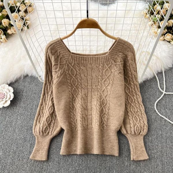 Suéteres de mujer Otoño/Invierno versión coreana estilo Retro cuello cuadrado ajustado cuerpo Twist suéter de cintura alta Top de manga larga corta