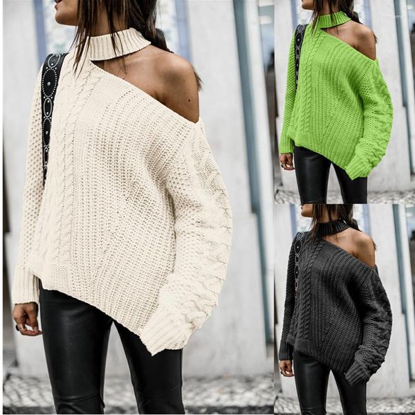 Suéteres de mujer Otoño Invierno Lazy Casual de manga larga de punto suéter de mujer con hombros descubiertos Halter sólido Jumper mujer Streetwear Baggy Top