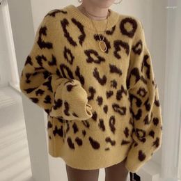 Женские свитера, осенне-зимний ленивый стиль, леопардовый трикотаж, женский корейский утолщенный теплый свитер с длинными рукавами, женский модный свободный свитер с круглым вырезом 2024